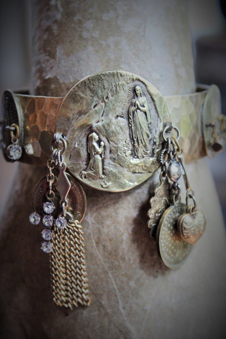 The Apparition Cuff Bracelet w/Antique French Benitier Marian Medal,Rare Antique Manger Scene Medal,Antique Prong Set Rhinestone Cross