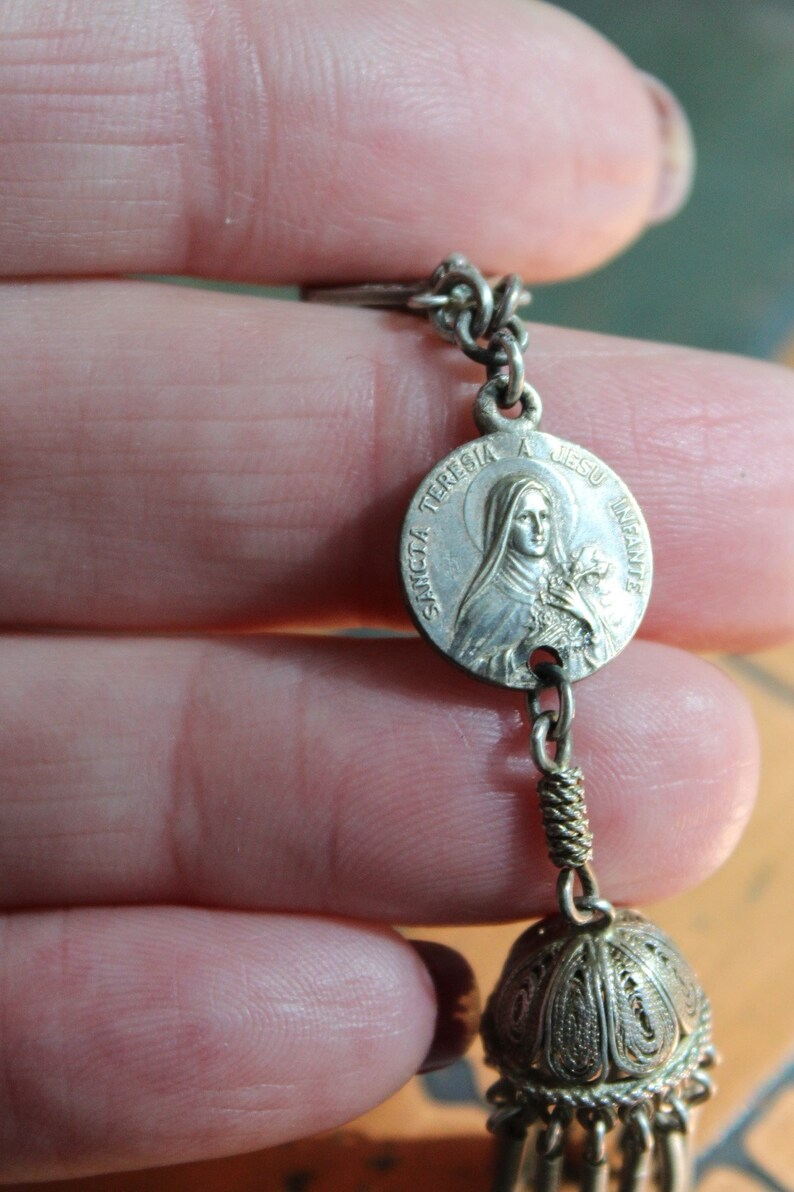 Shower of Roses Earrings w/Matching Antique French Saint Therese Medals,Antique 800 Silver Tassels and Findings