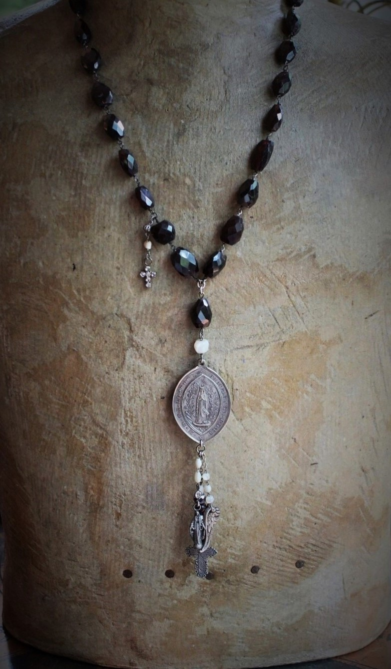 Rare Faceted Almandine Garnet Necklace with Exceptional Antique Marian Medal, Antique Sterling Angel Wing, French Engraved "Fill my Heart with your Love" Cross & More!