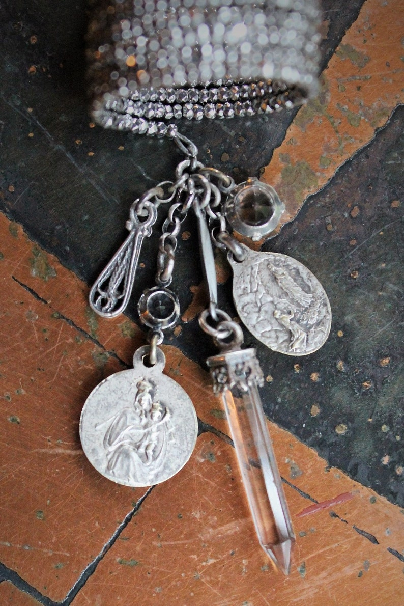 Antique Faceted Cut Steel Bead 12 Coil Ring w/Antique French Medals,Sterling Capped Crystal Point,Antique Faceted Crystal Drops