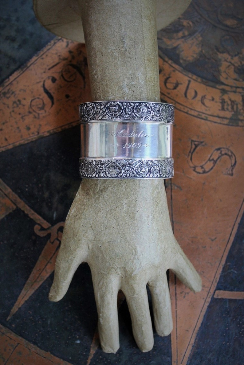 She of the Moon & Stars Antique Engraved Sterling Zodiac Cuff Cuff w/Antique Crescent Moon,Sterling Star,Marian Medal,Rock Crystal Drop