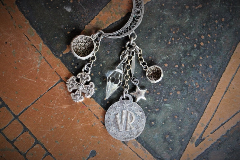 She of the Moon & Stars Antique Engraved Sterling Zodiac Cuff Cuff w/Antique Crescent Moon,Sterling Star,Marian Medal,Rock Crystal Drop