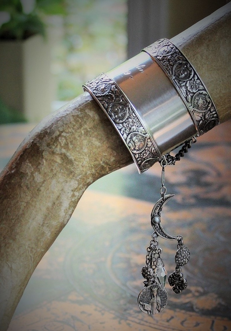 She of the Moon & Stars Antique Engraved Sterling Zodiac Cuff Cuff w/Antique Crescent Moon,Sterling Star,Marian Medal,Rock Crystal Drop