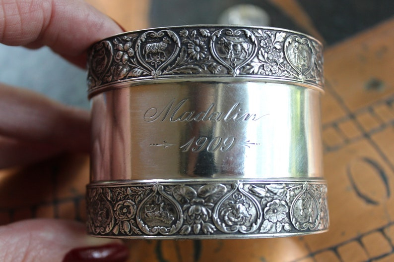 She of the Moon & Stars Antique Engraved Sterling Zodiac Cuff Cuff w/Antique Crescent Moon,Sterling Star,Marian Medal,Rock Crystal Drop