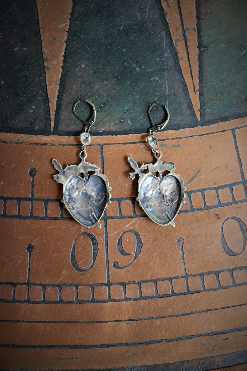 The Deeper that Sorrow Earrings w/Bronze Sacred Heart Medals,Antique Bezel Set Crystal Connectors,Bronze Earring Wires