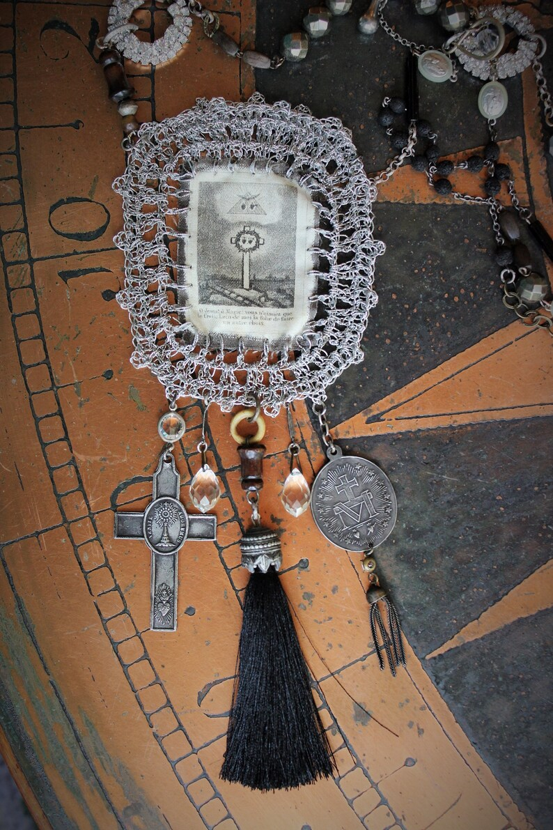 Antique Sacred Heart Blessing Bag w/Antique Holy Water Vessel,Multiple Antique Rosary & Bead Findings,Silk Black Tassel,Faceted Pyrite+