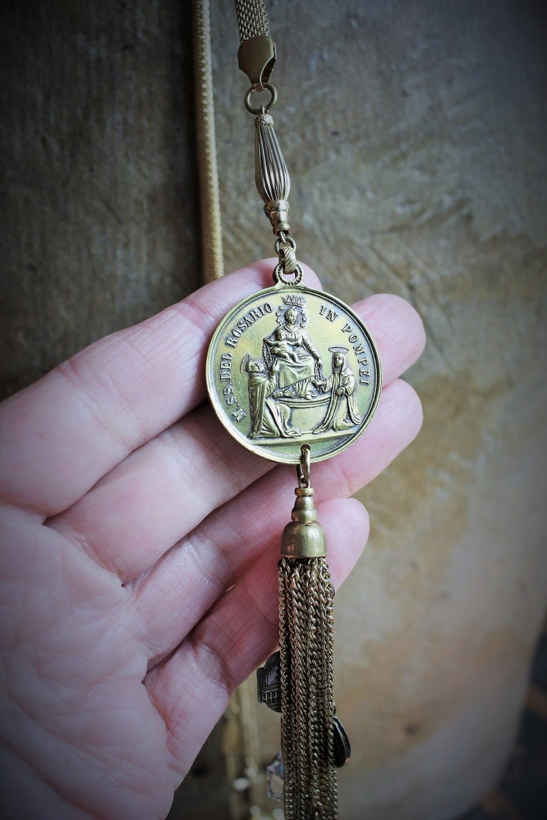 Let us Begin Lariat Necklace w/Rare Our Lady of the Rosary Pompeii Medal,Rare Mechanical Swiss Baroness Ball Watch,Antique Medals+More!