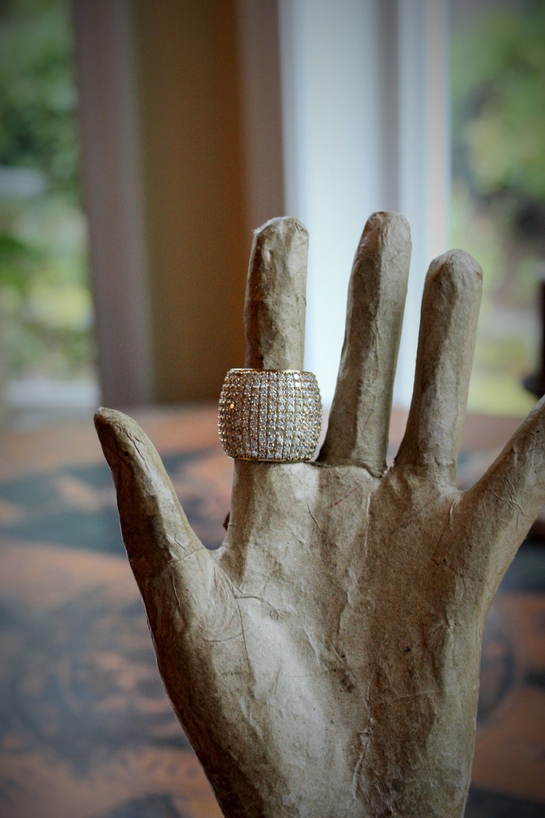 Amazing Wide Sterling Vermeil Pave Diamante Ring w/Antique French Medals,Tiny Gold Fill Tassel,Antique Bezel Set Crystal,Puffy Cross