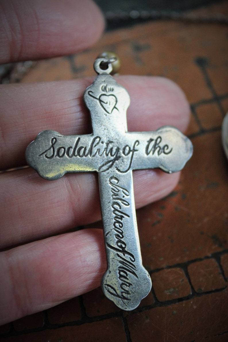 The Guardian Necklace w/Antique French Sterling Child Jesus Medal,1878 Virgin Medal,Rare Engraved Sodality Cross,Antique Child's Ring++