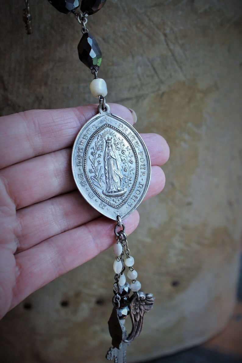 Rare Faceted Almandine Garnet Necklace with Exceptional Antique Marian Medal, Antique Sterling Angel Wing, French Engraved "Fill my Heart with your Love" Cross & More!