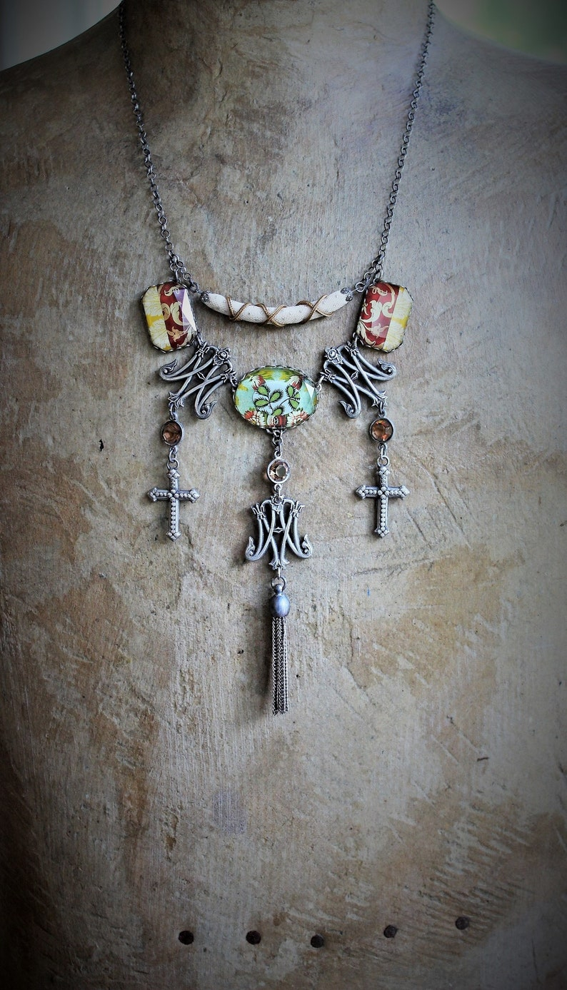 Ave Maria Necklace w/French Caron Freres Scrolled Initials AM Medals,Beveled Glass Connectors,French Crosses,Unique Fabric Finding