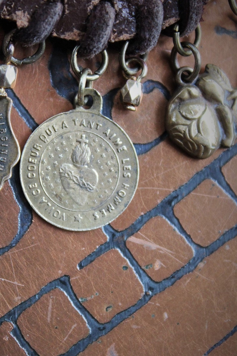 The Power & Life Bracelet w/Antique Leather Wrist Pouch, Antique French Penin Sacred Heart of Jesus Medal,Flaming Sacred Heart Medal++