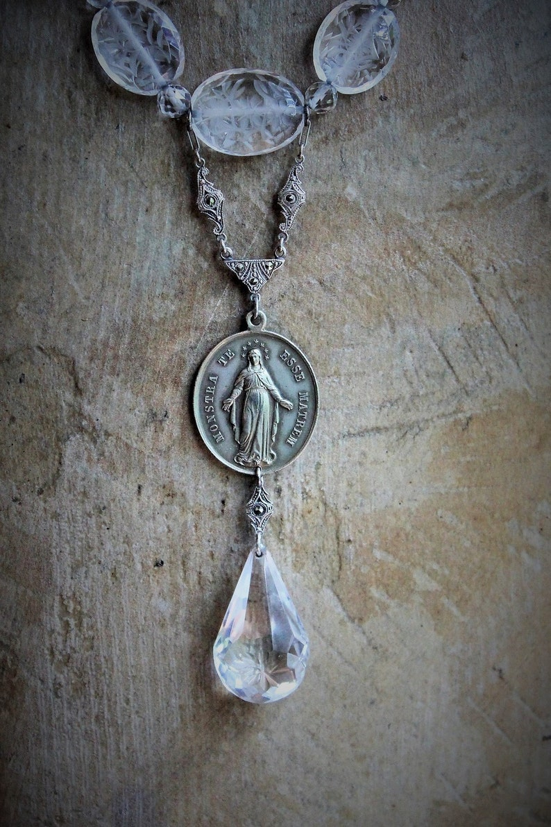 Mother Mary Necklace w/Antique Etched Rock Crystal Beads,Rare Sculptural Marian Medal,Antique Sterling Marcasite Connector,Faceted Glass Drop
