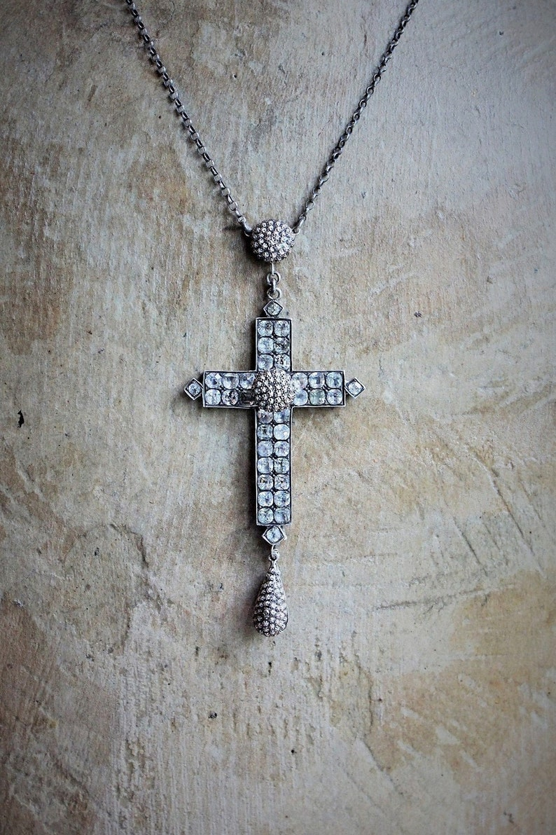 Large Rare Antique Sterling Georgian Black Dot Paste Cross Necklace w/Antique Sterling Star Punched Dome & Tear Drop ++