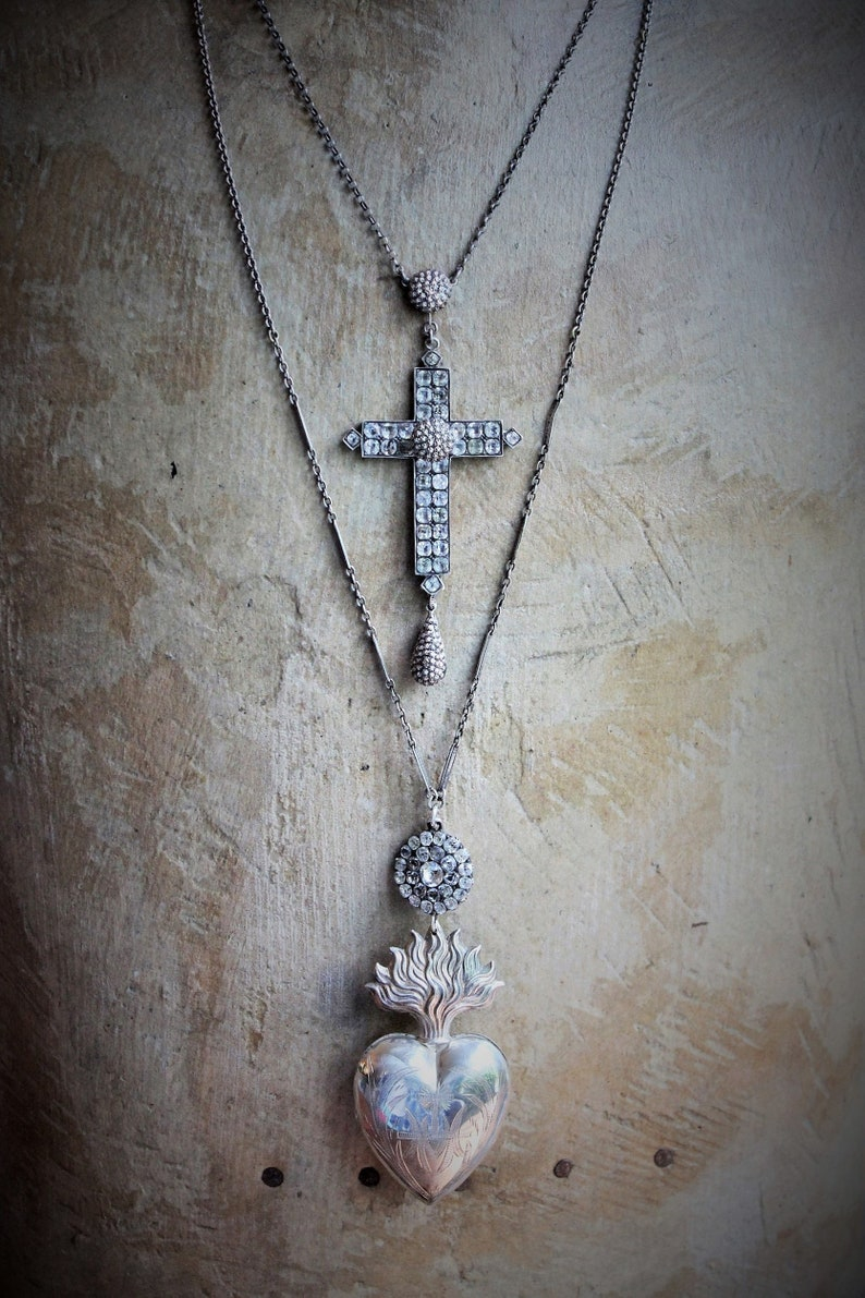 Large Rare Antique Sterling Georgian Black Dot Paste Cross Necklace w/Antique Sterling Star Punched Dome & Tear Drop ++