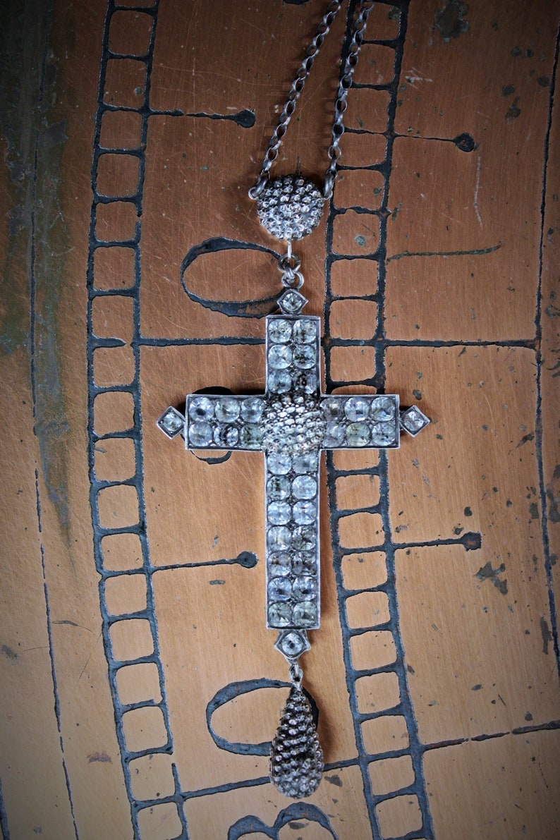 Large Rare Antique Sterling Georgian Black Dot Paste Cross Necklace w/Antique Sterling Star Punched Dome & Tear Drop ++