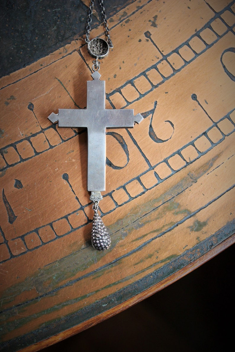 Large Rare Antique Sterling Georgian Black Dot Paste Cross Necklace w/Antique Sterling Star Punched Dome & Tear Drop ++