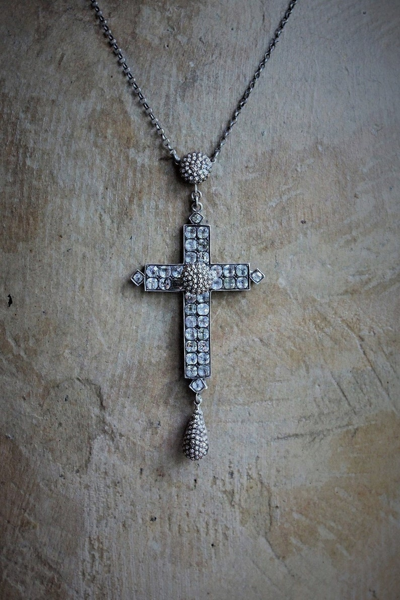 Large Rare Antique Sterling Georgian Black Dot Paste Cross Necklace w/Antique Sterling Star Punched Dome & Tear Drop ++