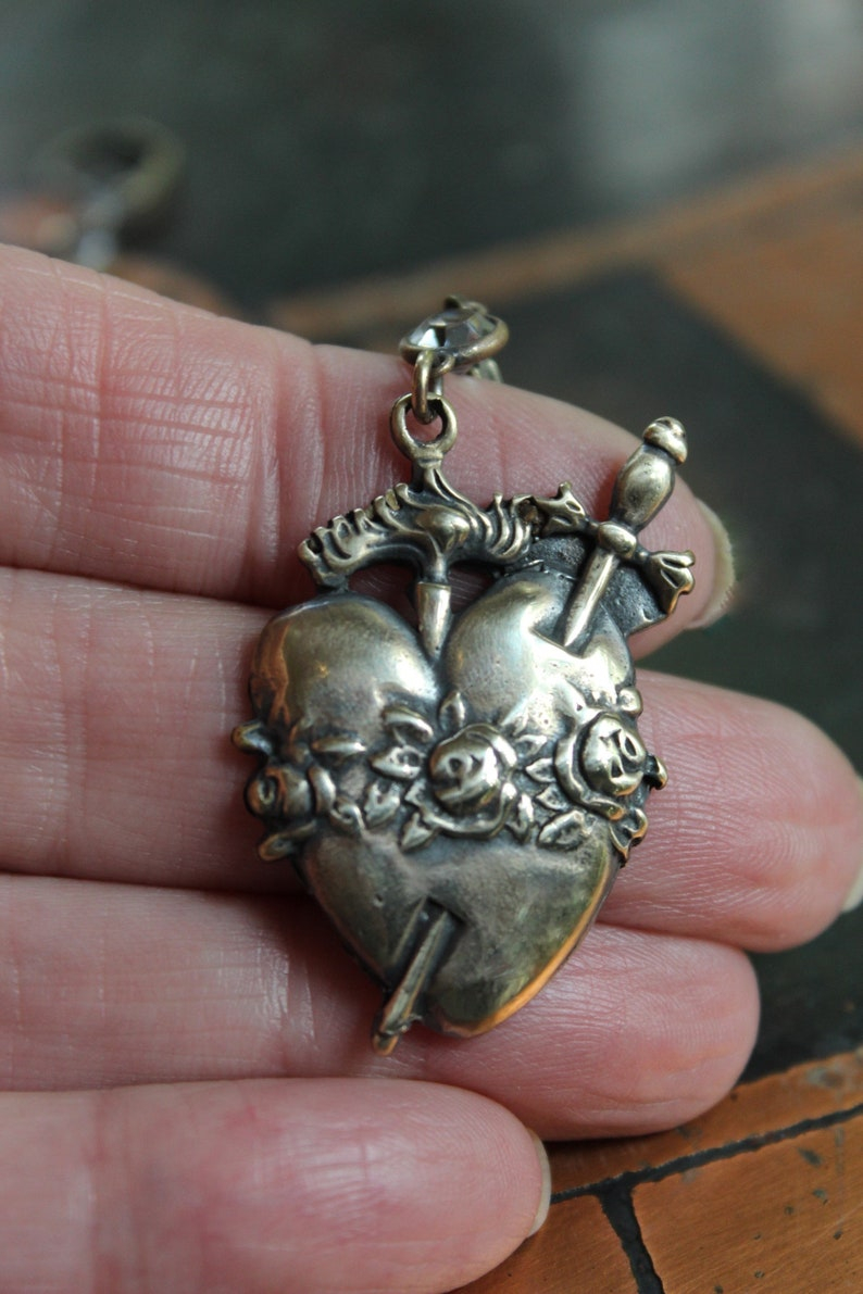 The Deeper that Sorrow Earrings w/Bronze Sacred Heart Medals,Antique Bezel Set Crystal Connectors,Bronze Earring Wires