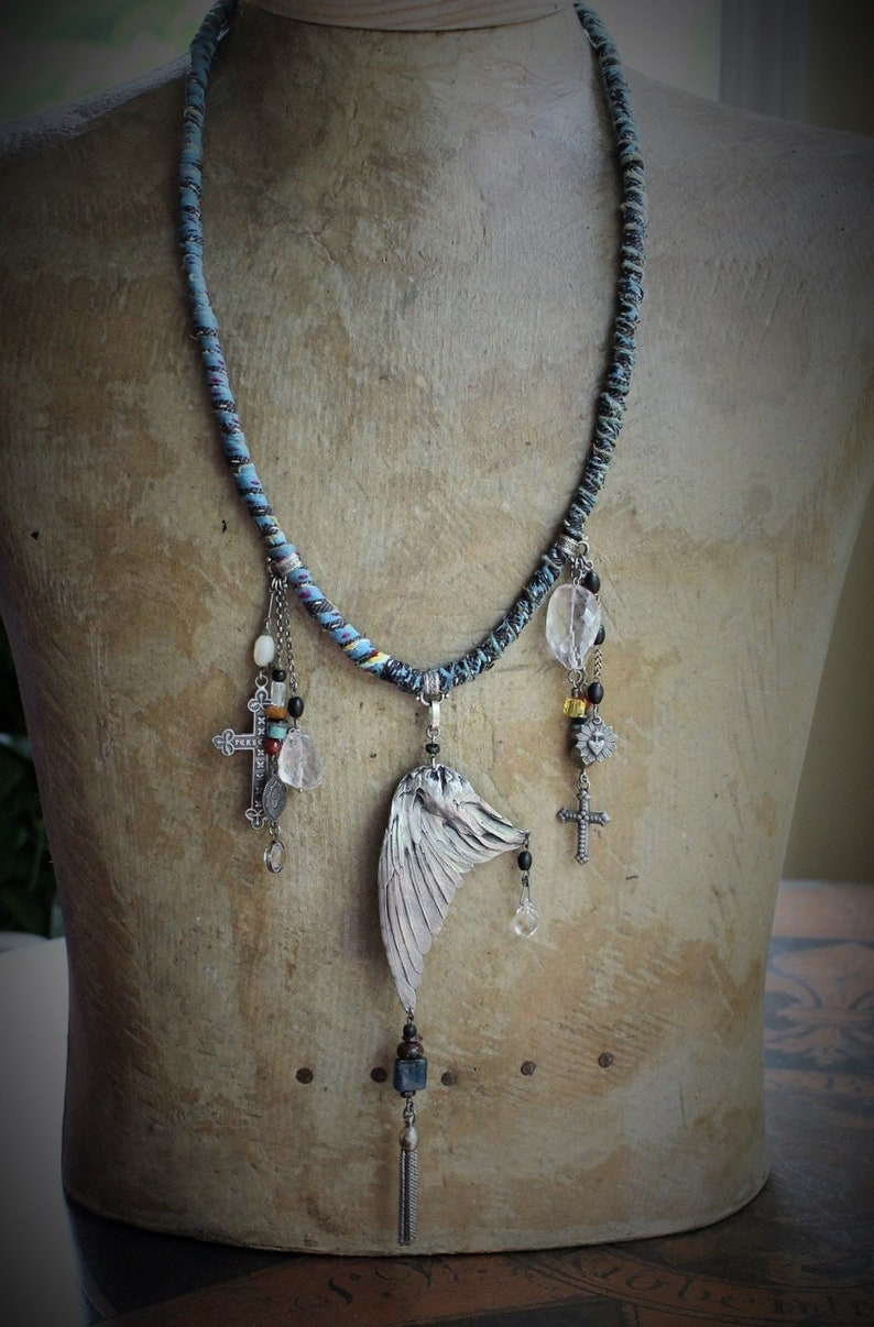 Find Your Way Home Necklace w/Antique Kantha Textile,Silver Bird Wing,Persevere Cross,Faceted Rock Quartz Nuggets,Sacred Heart Medal++