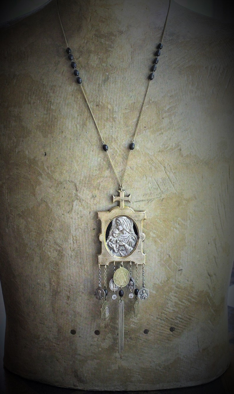 Into Her Arms Necklace w/Antique French Benitier Madonna & Child,Antique French Medals,Antique Tassel +More!