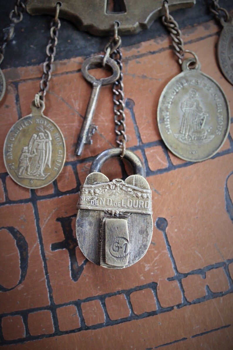 He Made the Key Necklace w/Tiny Antique Padlock & Original Key,Antique Keyhole Finding,Antique French Medals,Antique Muff Chain Crystals+ 