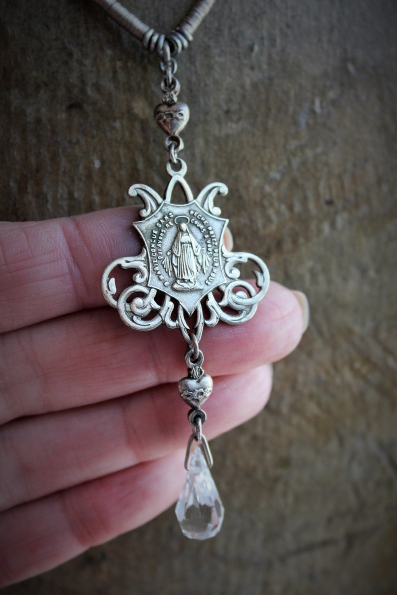 Antique French Marian Necklace w/RARE Tiny Antique 1800's French Metal Sequin Chain,Sacred Heart Connectors,Antique Crystal Tear Drop