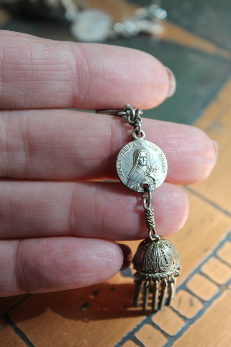 Shower of Roses Earrings w/Matching Antique French Saint Therese Medals,Antique 800 Silver Tassels and Findings