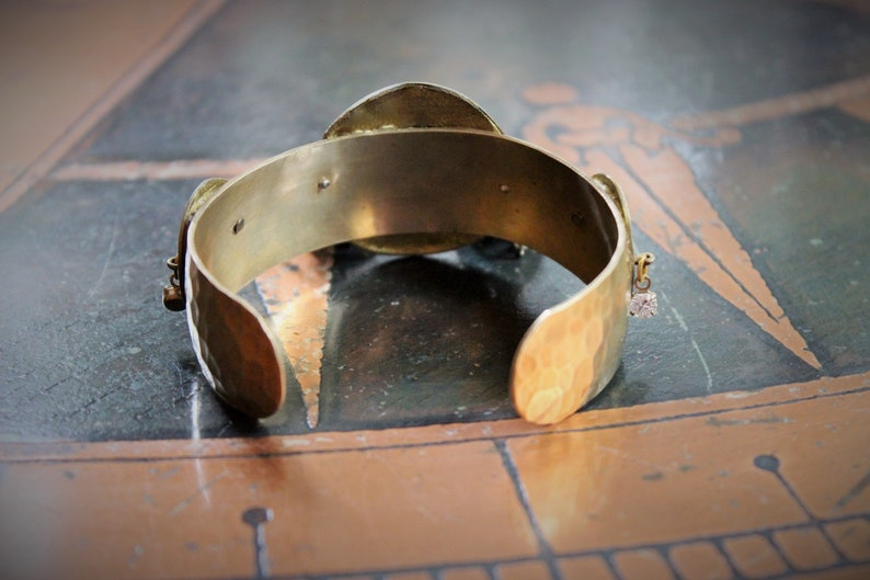 The Apparition Cuff Bracelet w/Antique French Benitier Marian Medal,Rare Antique Manger Scene Medal,Antique Prong Set Rhinestone Cross