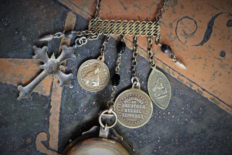 The Anaphora Necklace w/RARE Antique Sterling 18k Vermeil Engraved Maltese Cross & Crown of Thorns Eucharist Pyx,Antique Penin Medal+++