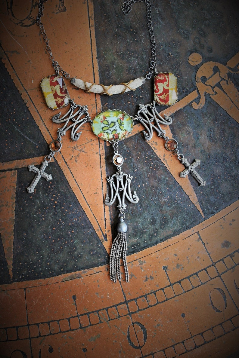 Ave Maria Necklace w/French Caron Freres Scrolled Initials AM Medals,Beveled Glass Connectors,French Crosses,Unique Fabric Finding