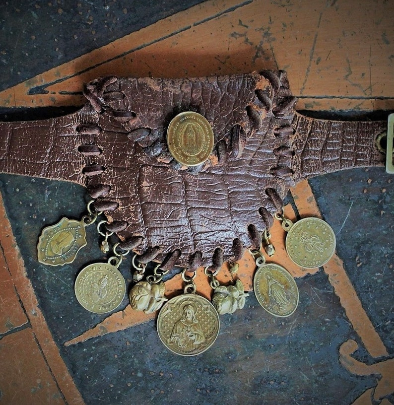 The Power & Life Bracelet w/Antique Leather Wrist Pouch, Antique French Penin Sacred Heart of Jesus Medal,Flaming Sacred Heart Medal++