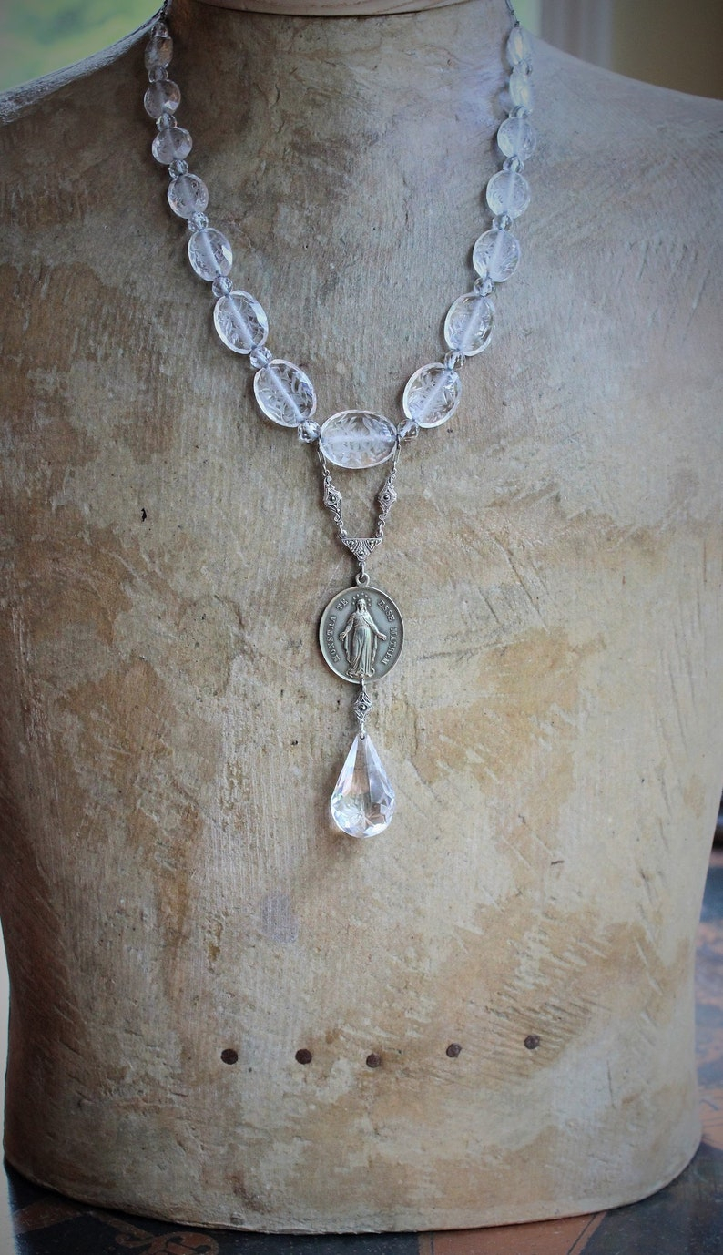 Mother Mary Necklace w/Antique Etched Rock Crystal Beads,Rare Sculptural Marian Medal,Antique Sterling Marcasite Connector,Faceted Glass Drop