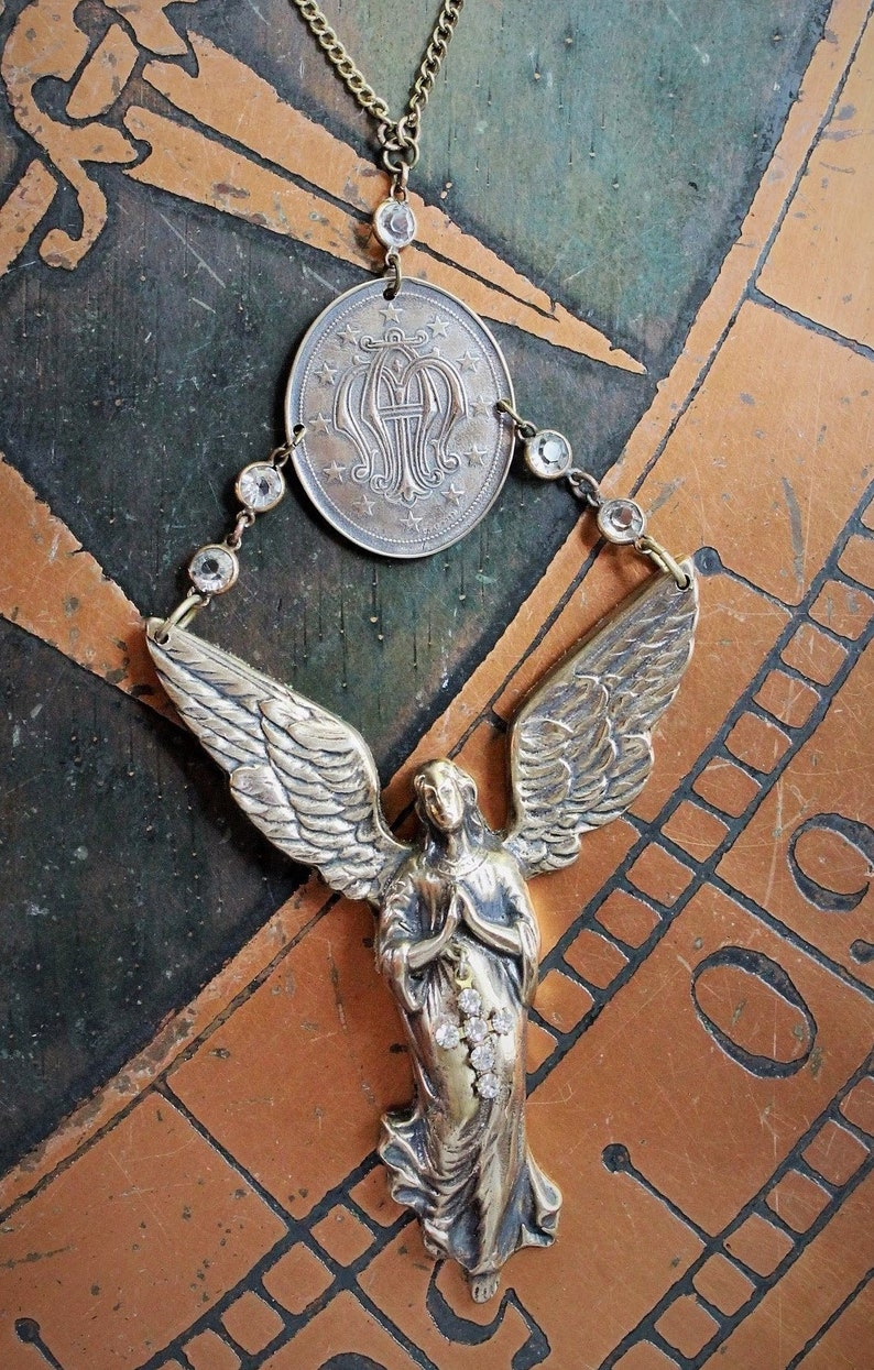 If I Listen Necklace w/Cast Bronze Winged Angel & Scrolled initials AM Medal,Antique Bezel Set Crystal Connectors,Vintage Link Chain