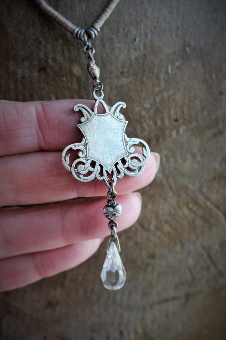 Antique French Marian Necklace w/RARE Tiny Antique 1800's French Metal Sequin Chain,Sacred Heart Connectors,Antique Crystal Tear Drop