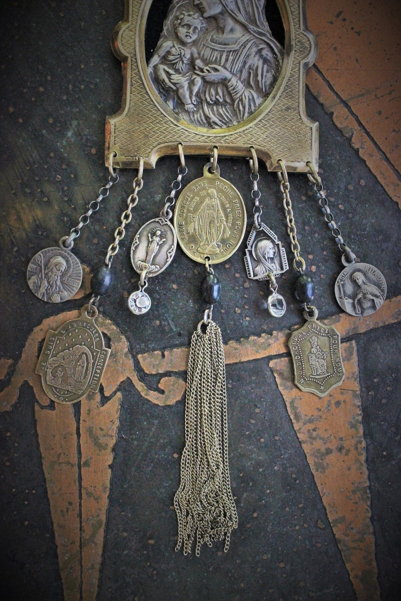 Into Her Arms Necklace w/Antique French Benitier Madonna & Child,Antique French Medals,Antique Tassel +More!