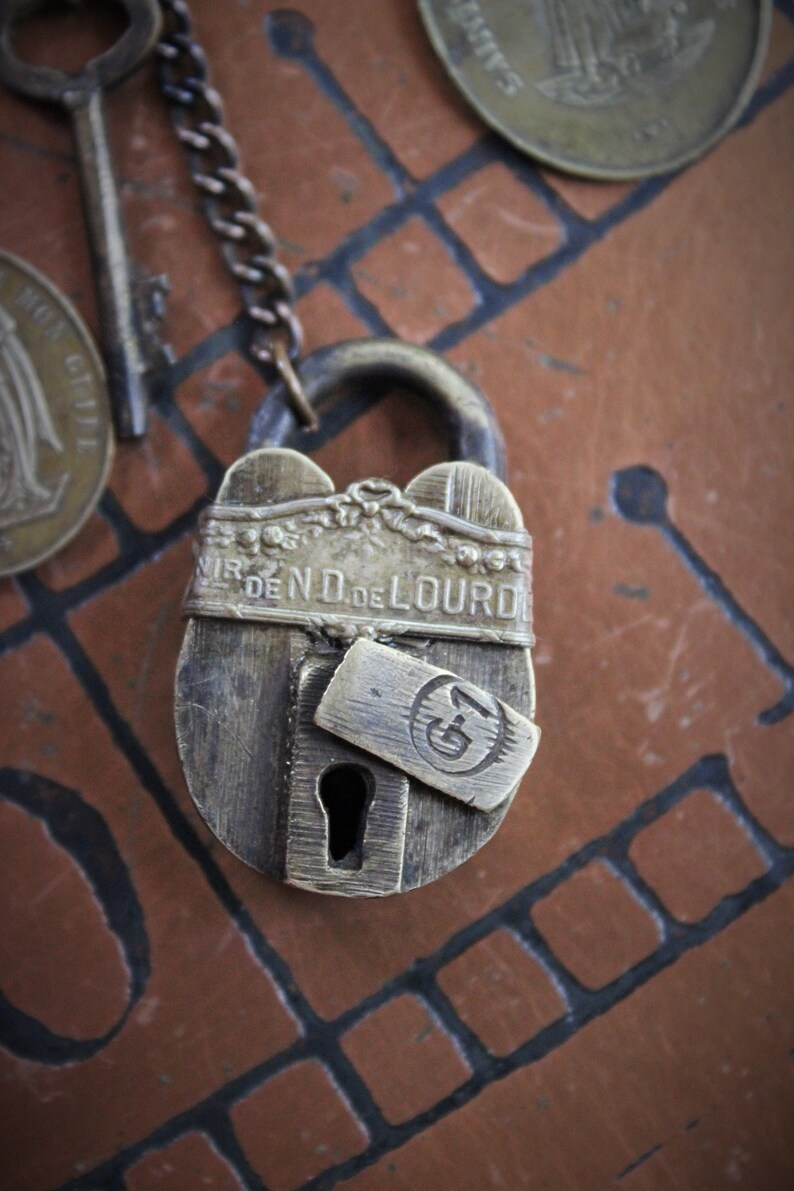 He Made the Key Necklace w/Tiny Antique Padlock & Original Key,Antique Keyhole Finding,Antique French Medals,Antique Muff Chain Crystals+ 