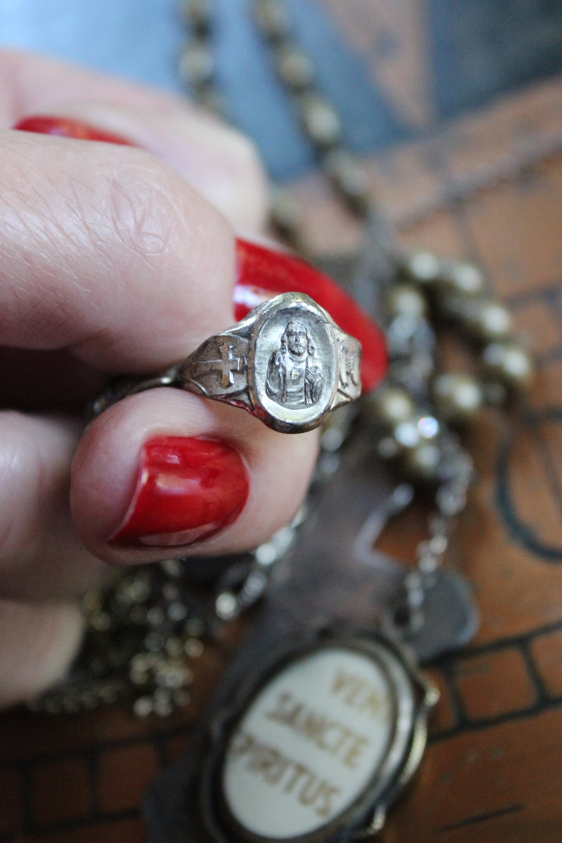 The Guardian Necklace w/Antique French Sterling Child Jesus Medal,1878 Virgin Medal,Rare Engraved Sodality Cross,Antique Child's Ring++