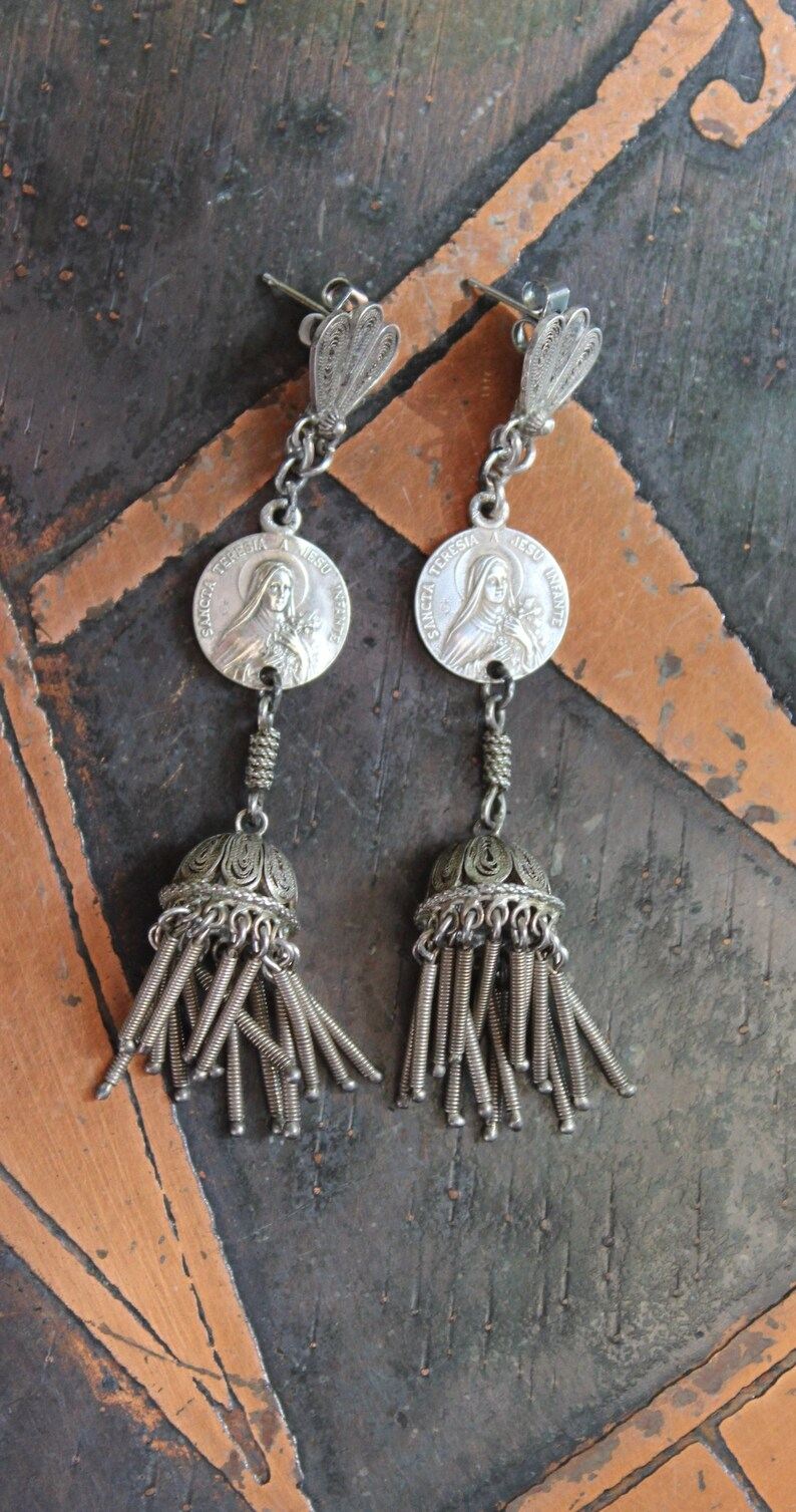 Shower of Roses Earrings w/Matching Antique French Saint Therese Medals,Antique 800 Silver Tassels and Findings