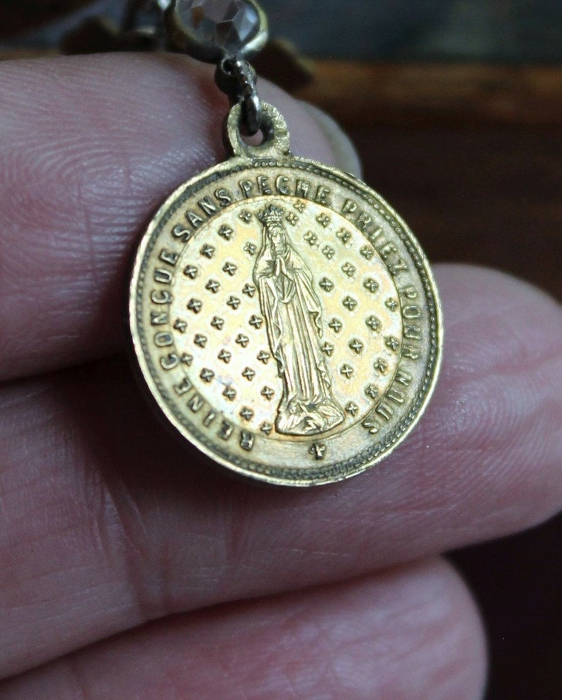 The Apparition Cuff Bracelet w/Antique French Benitier Marian Medal,Rare Antique Manger Scene Medal,Antique Prong Set Rhinestone Cross