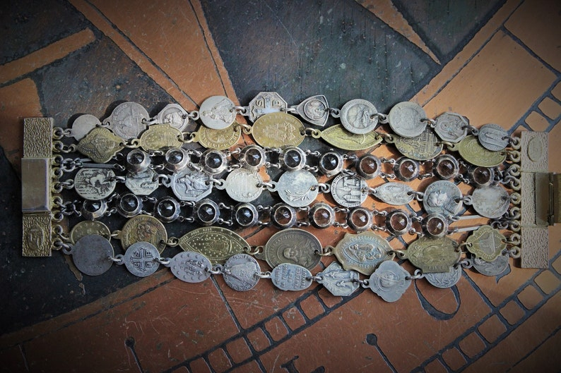 Seven Strand Antique French Medals Bracelet w/Dozens of Master Medals,Antique Faceted Prong Set Glass Chain,Unique Vintage Tongue Clasp