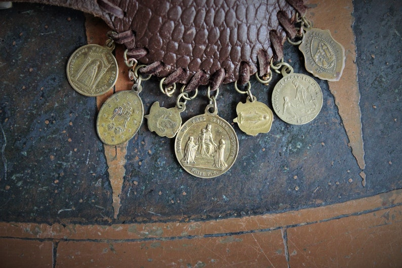 The Power & Life Bracelet w/Antique Leather Wrist Pouch, Antique French Penin Sacred Heart of Jesus Medal,Flaming Sacred Heart Medal++