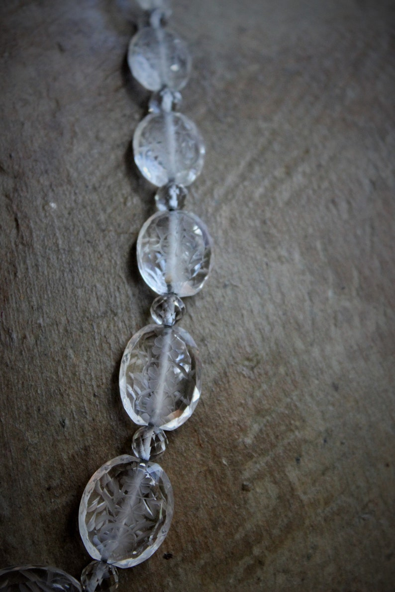 Mother Mary Necklace w/Antique Etched Rock Crystal Beads,Rare Sculptural Marian Medal,Antique Sterling Marcasite Connector,Faceted Glass Drop