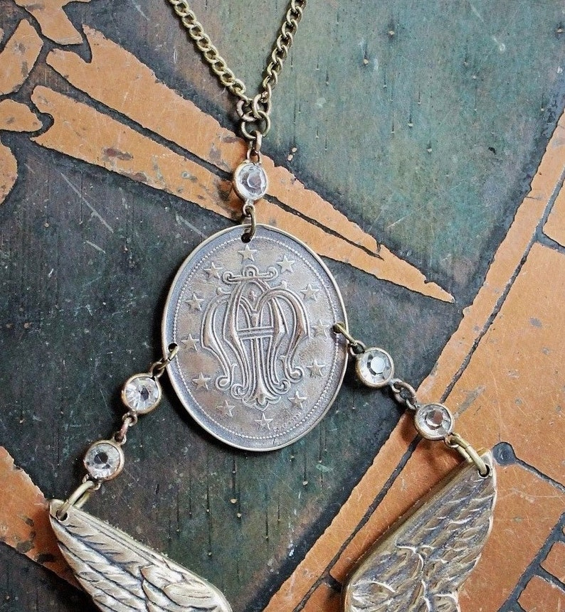 If I Listen Necklace w/Cast Bronze Winged Angel & Scrolled initials AM Medal,Antique Bezel Set Crystal Connectors,Vintage Link Chain