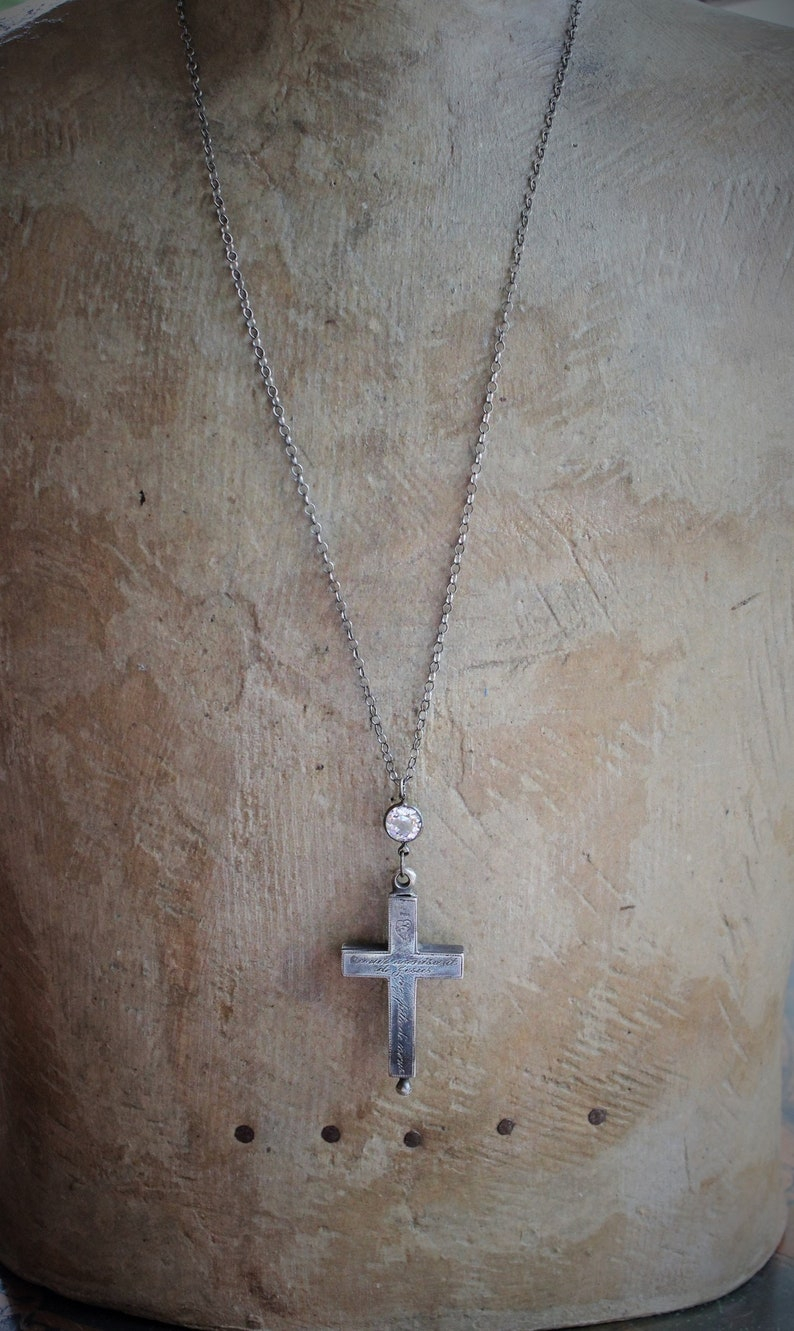 RARE Antique French Sterling Engraved Reliquary Cross Necklace w/Antique Faceted Bezel Set Rock Crystal Connector & Sterling Rolo Chain