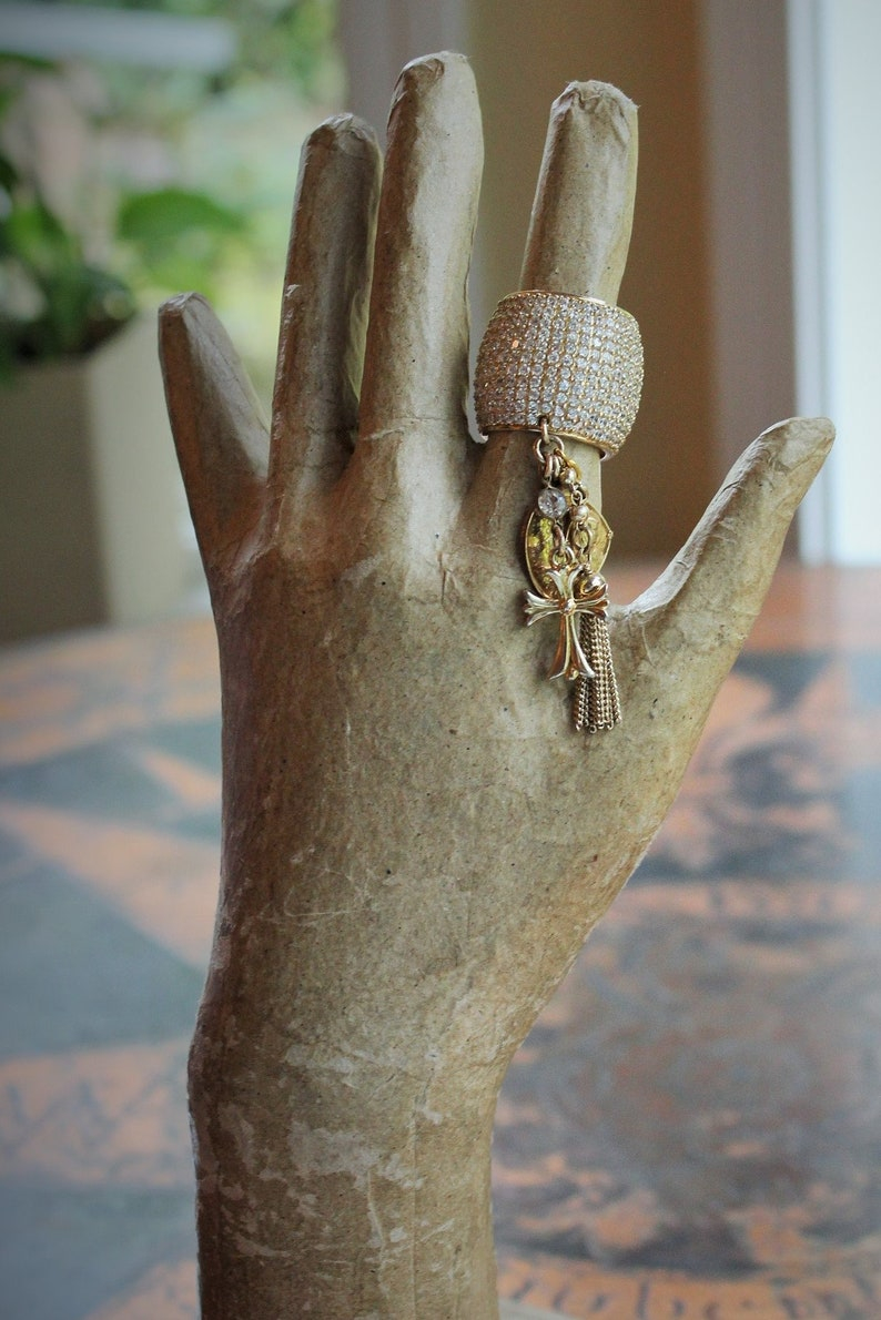 Amazing Wide Sterling Vermeil Pave Diamante Ring w/Antique French Medals,Tiny Gold Fill Tassel,Antique Bezel Set Crystal,Puffy Cross