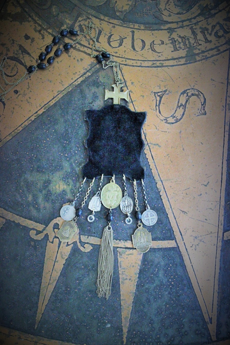 Into Her Arms Necklace w/Antique French Benitier Madonna & Child,Antique French Medals,Antique Tassel +More!