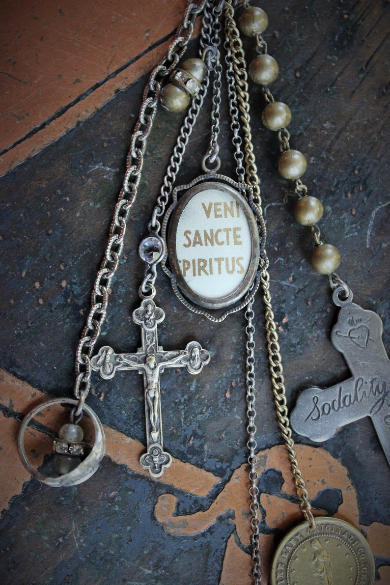 The Guardian Necklace w/Antique French Sterling Child Jesus Medal,1878 Virgin Medal,Rare Engraved Sodality Cross,Antique Child's Ring++