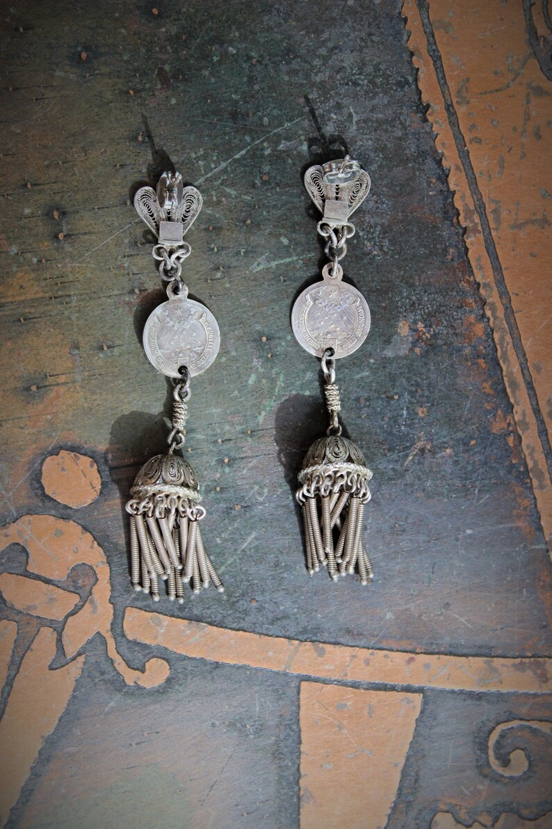 Shower of Roses Earrings w/Matching Antique French Saint Therese Medals,Antique 800 Silver Tassels and Findings