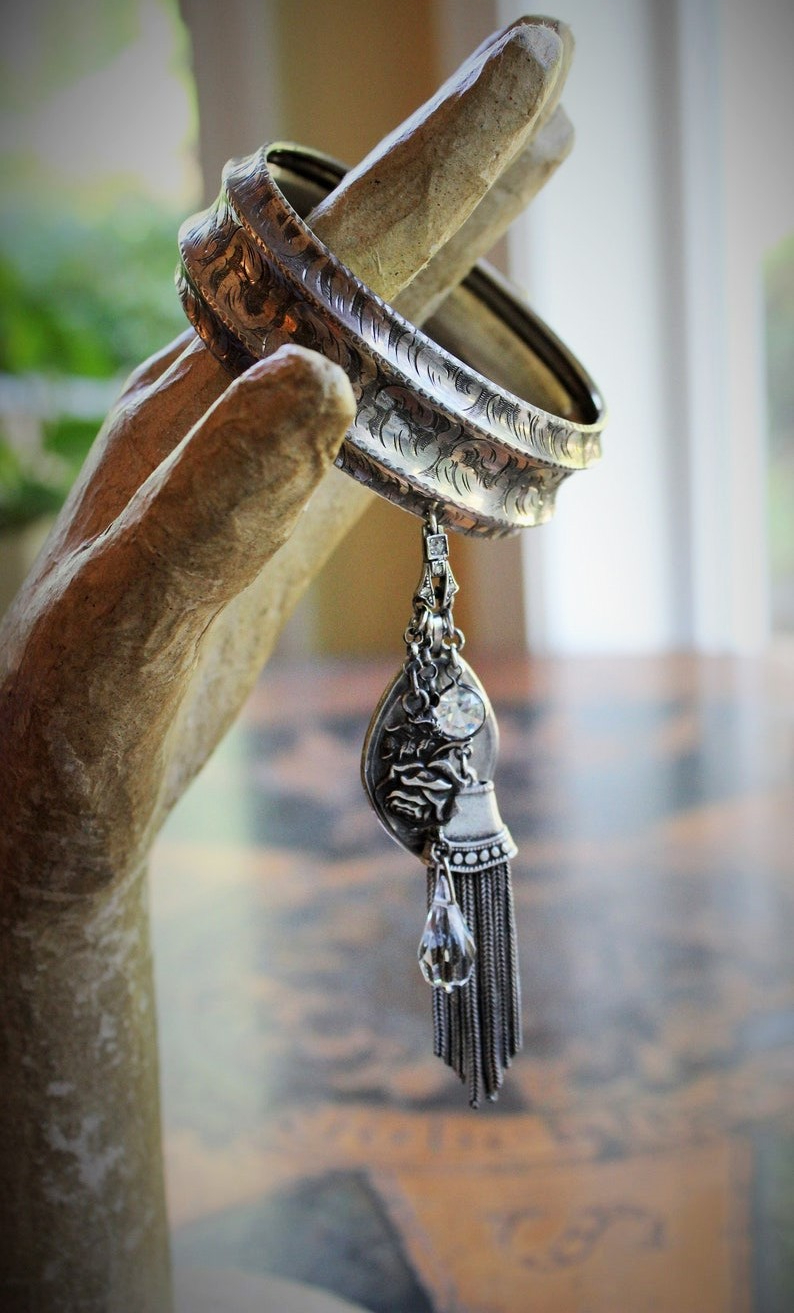 Set of 6 Antique Sterling Stacking Bangle Bracelets w/Rare Antique French Engraved Our Lady Medal,Antique Faceted Rock Crystal Tear Drop,Antique French Paste Connector & More!